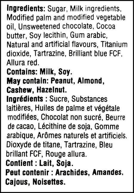 Ingredients label of Cadbury Mini Easter Eggs, 90g/3.2 oz., Bag