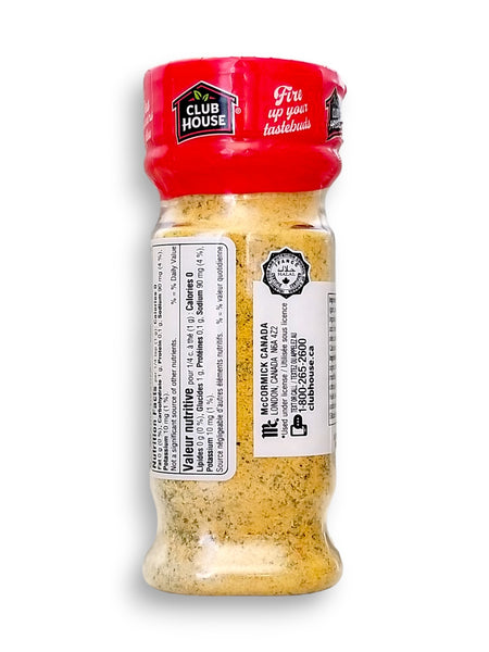 Club House Hot Ranch Seasoning, 165g/5.8 oz., Shaker, back of shaker.