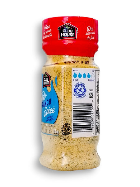 Club House Hot Ranch Seasoning, 165g/5.8 oz., Shaker, side of shaker with upc number.