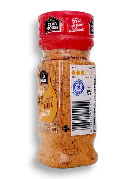 Club House Hot & Honey Seasoning, 170g/6 oz., Shaker, side of shaker with upc.