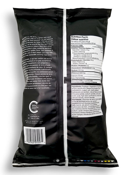Compliments Kettle-Cooked Black Pepper & Lime Potato Chips, 200g/7.1 oz., Bag, back of bag.