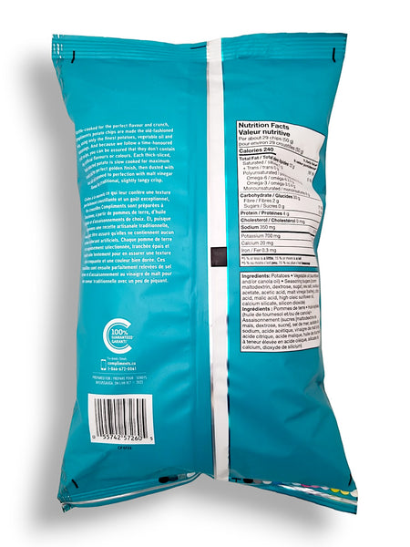 Compliments Kettle-Cooked Sea Salt & Malt Vinegar Potato Chips, 200g/7.1 oz., Bag, back of bag.
