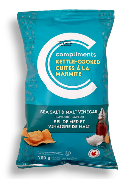 Compliments Kettle-Cooked Sea Salt & Malt Vinegar Potato Chips, 200g/7.1 oz., Bag, front of bag.