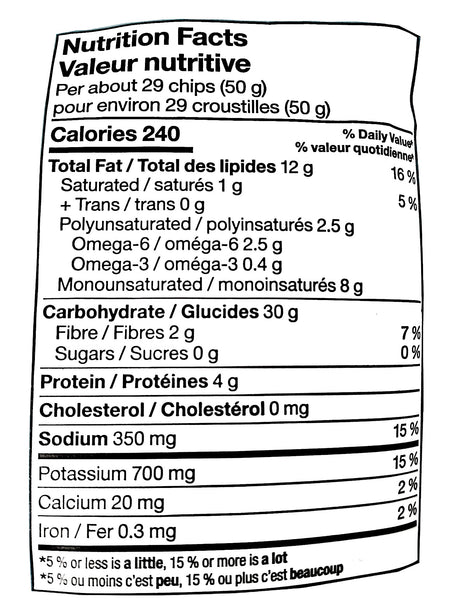 Compliments Kettle-Cooked Sea Salt & Malt Vinegar Potato Chips, 200g/7.1 oz., Bag, nutrition facts label.