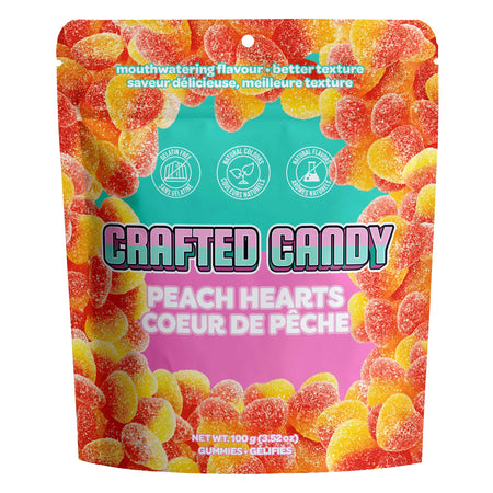 Crafted Candy Peach Hearts 100g, front of bag.