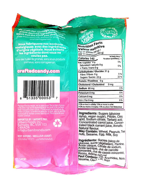 Crafted Candy Peach Hearts 100g, back of bag.