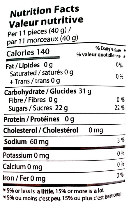 Crafted Candy Peach Hearts 100g, nutrition facts label.