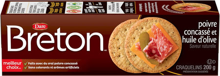 Dare Breton Cracked Pepper & Olive Oil Crackers, 200g/7 oz. Box Side