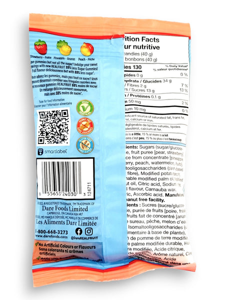 Dare Real Fruit Gummies, Paradise Punch, 120g, back of bag.