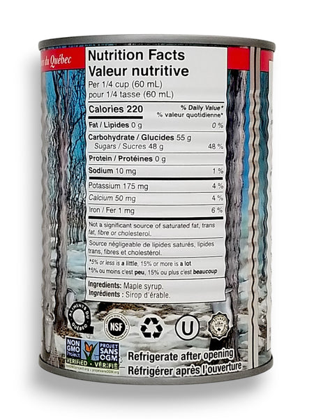 Decacer Pure Maple Syrup, Canada #1 Medium, 540ml/18.26oz. -Back Of Can