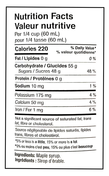 Decacer Pure Maple Syrup, Canada #1 Medium, 540ml/18.26oz. - Nutrition Facts & Ingredients Label