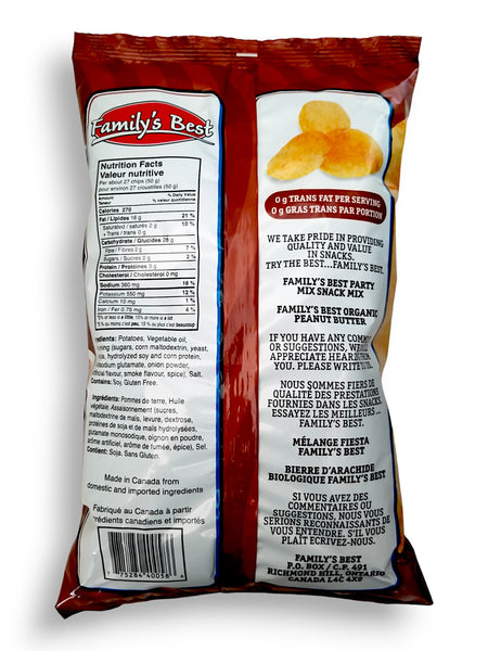 Family's Best Smokey Bacon Potato Chips, 130g/4.6 oz., Bag, back of bag.