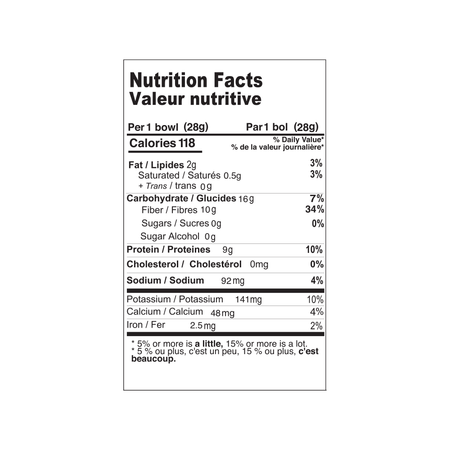Nutrition facts label for Farm Girl Cinnamon Crisps Cereal, 280g/9.8 oz