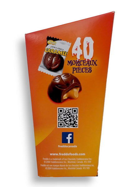 Freddo Caramel Filled Milk Chocolate Pumpkins, Individually Wrapped, 40 pcs, 240g/8.5 oz., side of box