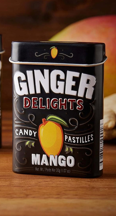 Ginger Delights Candy Pastilles, Mango Flavor, 30g/1.07 oz. Tin, front of tin.