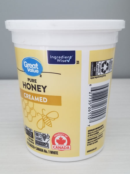 Great Value Pure Creamed Honey, 1kg/35.3 oz., Tub, side of tub with upc.