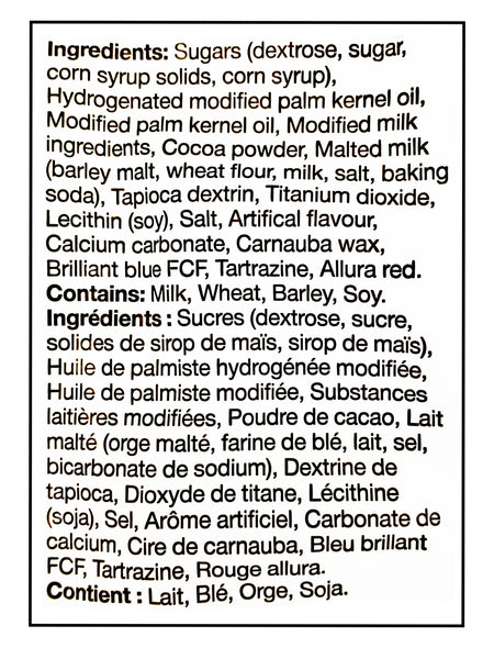 HERSHEY'S Eggies Made With Whoppers, 340g/12 oz. - Ingredients Label