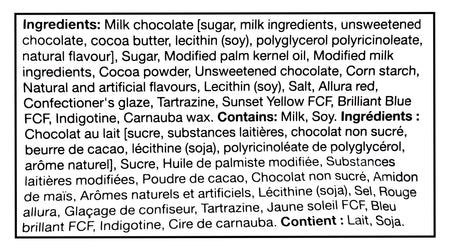 Hershey's Rainbow Brownie Milk Chocolate Kisses, 180g/6.3 oz. - Ingredients Label