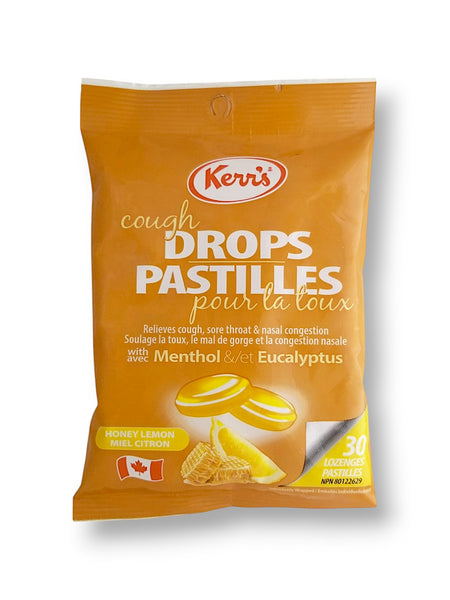 Kerr's Honey Lemon Cough Drops with Menthol & Eucalyptus, 30 Lozenges - Front Of Bag