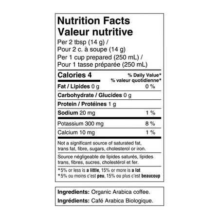 Nutrition facts and ingredients for Kicking Horse Happy Camper Organic Ground Coffee, Essential, Spirited, Bold, 850g/30 oz