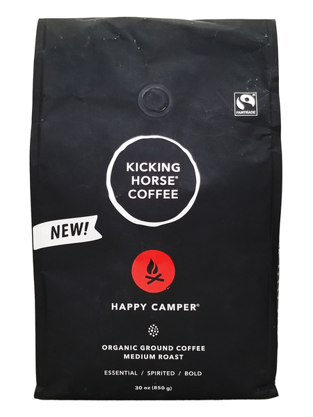 Kicking Horse Coffee Happy Camper organic ground coffee package on a white background
