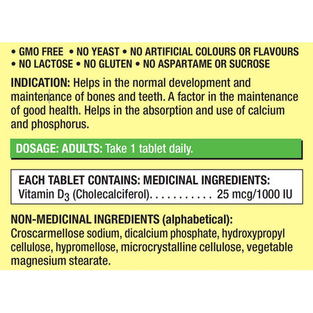 Kirkland Signature Vitamin D3 25mcg - Back