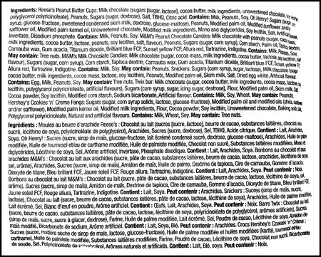 Kirkland Halloween Treatsize Favorites, Assorted Chocolate and Candy, Value Bag 150ct., 1.98kg/4.4 lbs., ingredients label