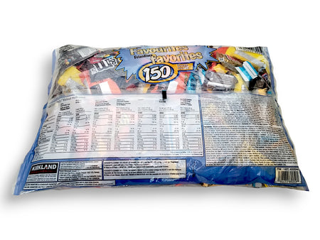 Kirkland Halloween Treatsize Favorites, Assorted Chocolate and Candy, Value Bag 150ct., 1.98kg/4.4 lbs., back of bag