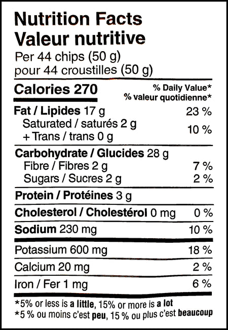 Nutrition facts label of Lay's Holiday Table Jerk Chicken Flavored Potato Chips, 220g/7.76 oz. Bag