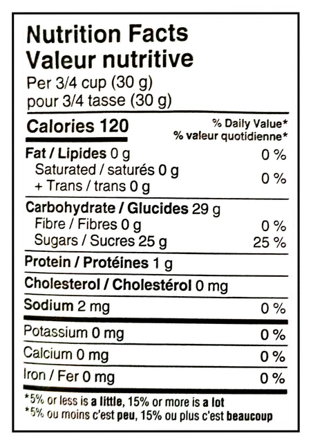 Nutrition facts label for LUCKY CHARMS Just Magical Marshmallows, 113g/3.9 oz
