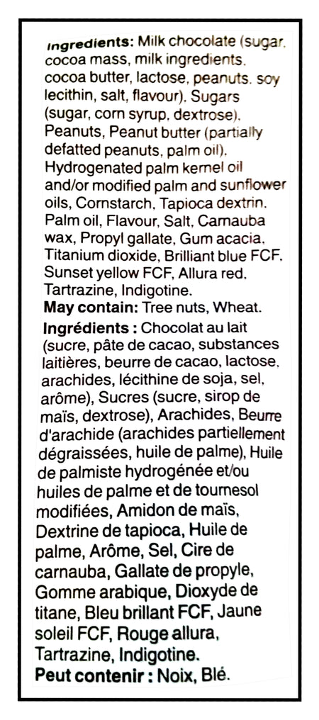 M&M's Classic Mix Pack, Milk Chocolate, Peanut Butter, Peanuts Center, 155g/5.5 oz. - Ingredients Label