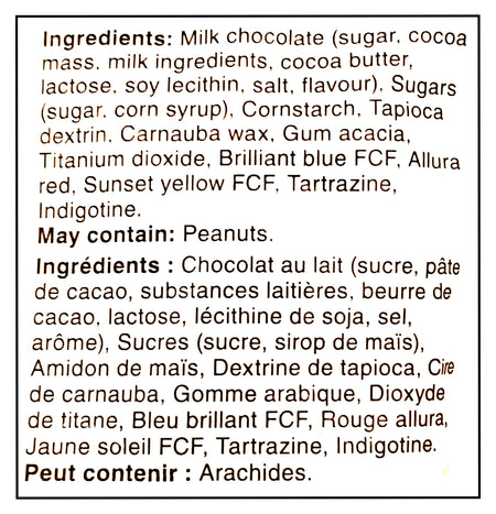 M&Ms Minis Milk Chocolate Candies, Sharing Bag, 165g/5.8 oz - Ingredients Label