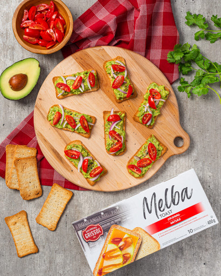 Boulangerie Grissol Melba Toast, Original, 200g, prepared melba toast slices with topping.