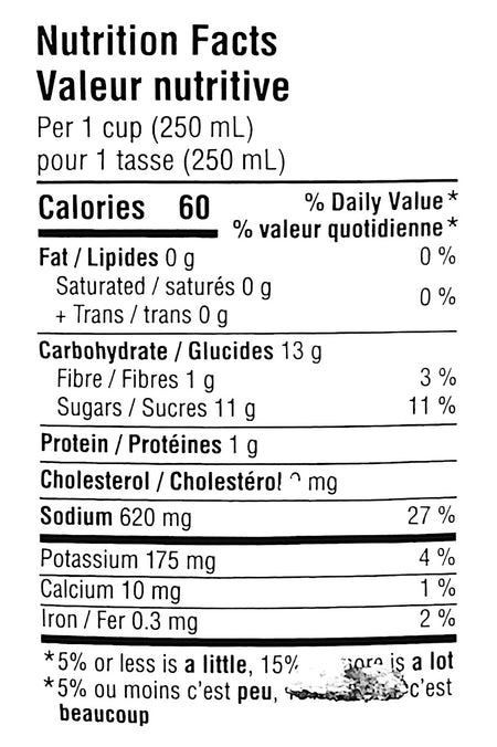 Mott's Clamato Juice, Extra Spicy, 945ml/32 oz. Bottle, nutrition label.