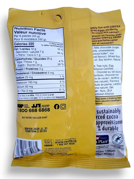 Nestle Coffee Crisp Easter Hide Me Milk Chocolate Eggs 150g/5.3oz. - Back Of Bag