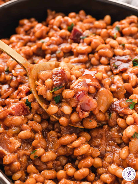 Sprague The Original Cowboy Baked Beans, Ready to Eat, 398ml/13.5 oz., Can, baked beans in a pan.