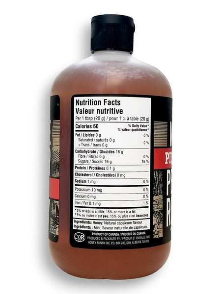 Peace River Hot Honey, Chilli Flavored, 750g/26.5 oz., Bottle, side of bottle.