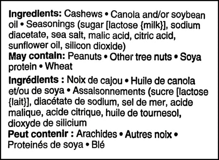 Ingredients label of Planters Salt & Vinegar Flavored Cashews, 145g/5.1 oz. Bag