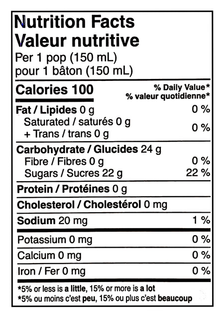Nutrition facts label for Popsicle Giant Freeze Pops, 27 x 150ml/5.25 fl oz with 100 calories, 24g of carbohydrates, and 22g of sugars per serving.