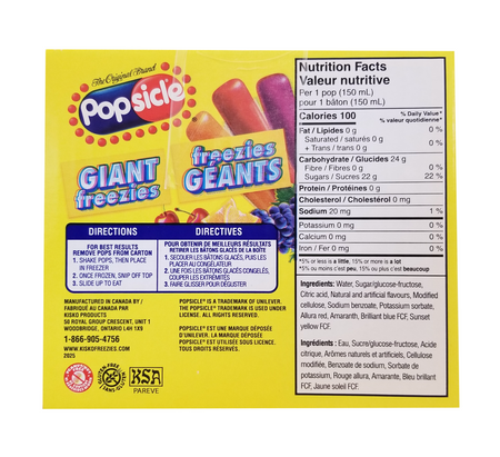 Popsicle Giant Freeze Pops, 27 x 150ml/5.25 fl oz with nutrition facts and directions on a white background