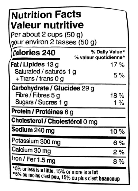 Project Nice Black Bean Veggie Snacks, Sea Salt Flavor, 170g/6 oz., Bag, nutrition facts label.