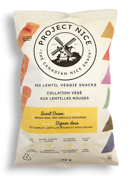 Project Nice Red Lentil Veggie Snacks, Sweet Onion Flavor, 150g/5.3 oz., Bag, front of bag.