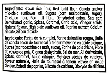 Project Nice Red Lentil Veggie Snacks, Sweet Onion Flavor, 150g/5.3 oz., Bag, ingredients label.