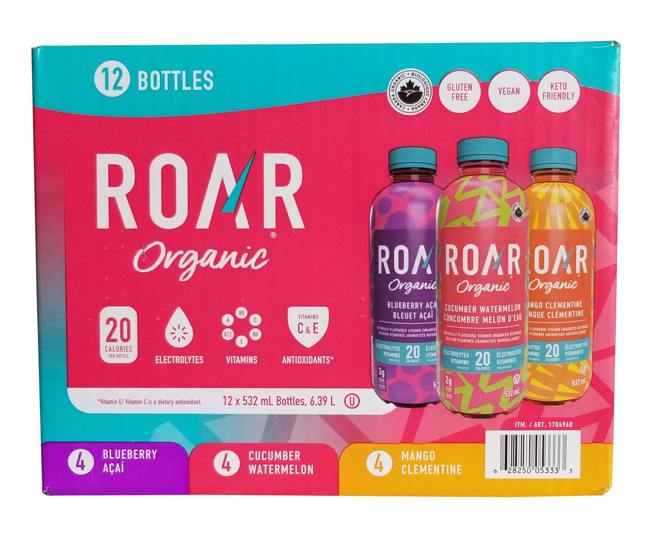 Roar Organic Vitamin Enhanced Beverage, Variety Pack, 532mL/18.6 fl. oz., 12 Bottles {Imported from Canada}