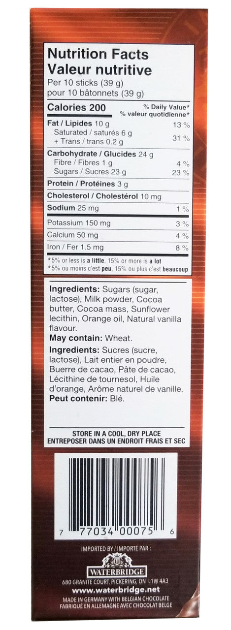 Waterbridge Belgian Slimstix, Milk Chocolate Orange Sticks, 75g/2.6 oz. Box {Imported from Canada}