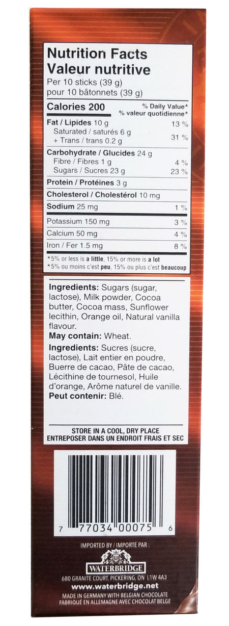 Waterbridge Belgian Slimstix, Milk Chocolate Orange Sticks, 75g/2.6 oz. Box {Imported from Canada}