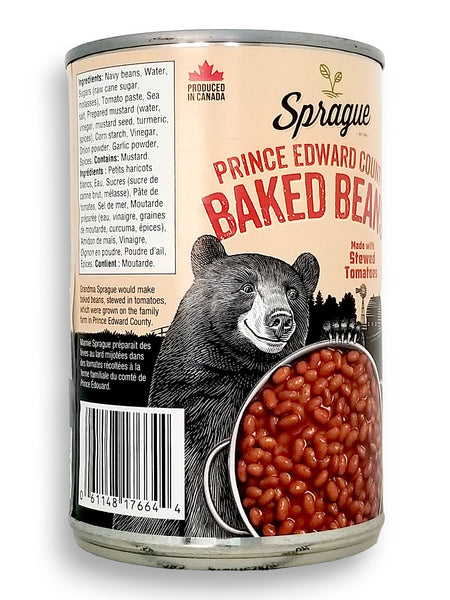 Sprague Prince Edward Country Baked Beans, Ready to Eat, 398ml/13.5 oz., Can, side of can with upc number.