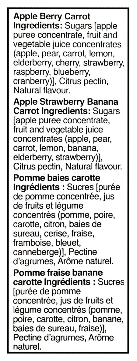 SunRype Fruit to Go +Veggie Fruit Bars, Apple Berry Carrot & Apple Strawberry Banana Carrot Flavors, 9x14g/0.5 oz. Bars - Ingredients