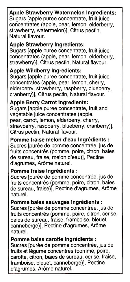 SunRype Fruit to Go Snack - Variety Pack of 72 - Ingredients Label
