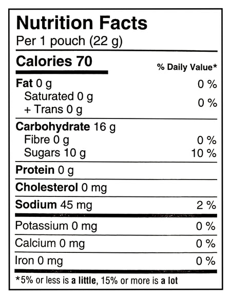 Nutrition facts label for Sunkist Gluten Free Fruit Snacks Assorted Flavors, 792g/28 oz with 70 calories per pouch, 16g of carbohydrates, and 10g of sugars.
